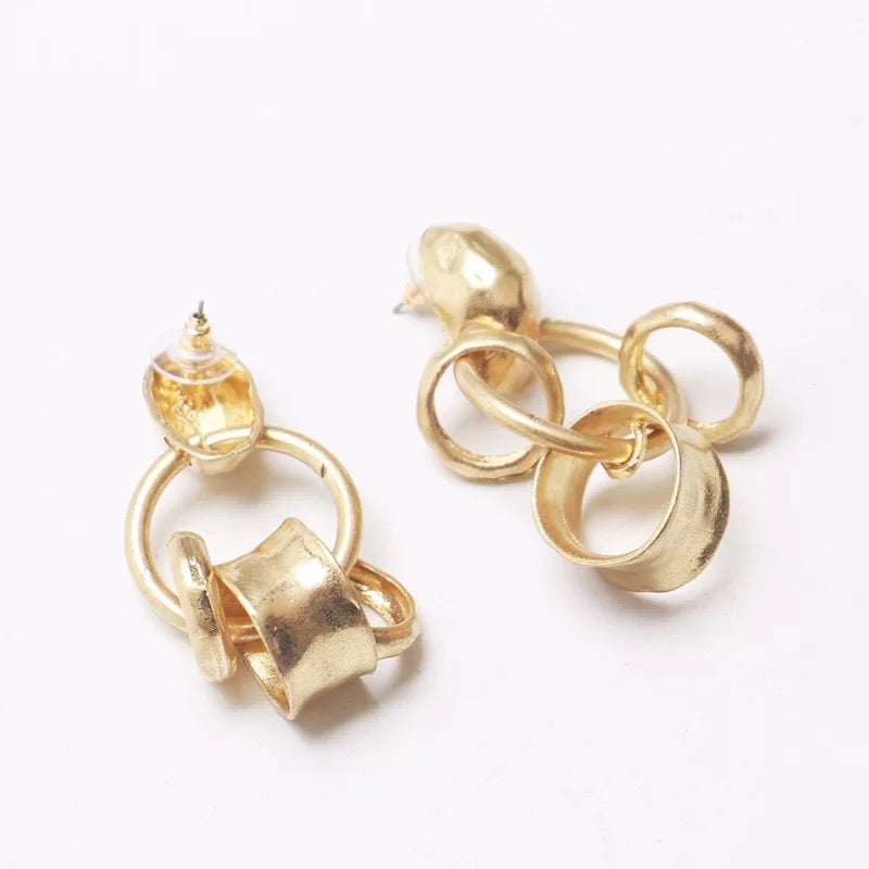 Gold Plated Hammered Alloy Metal Dangle Earrings