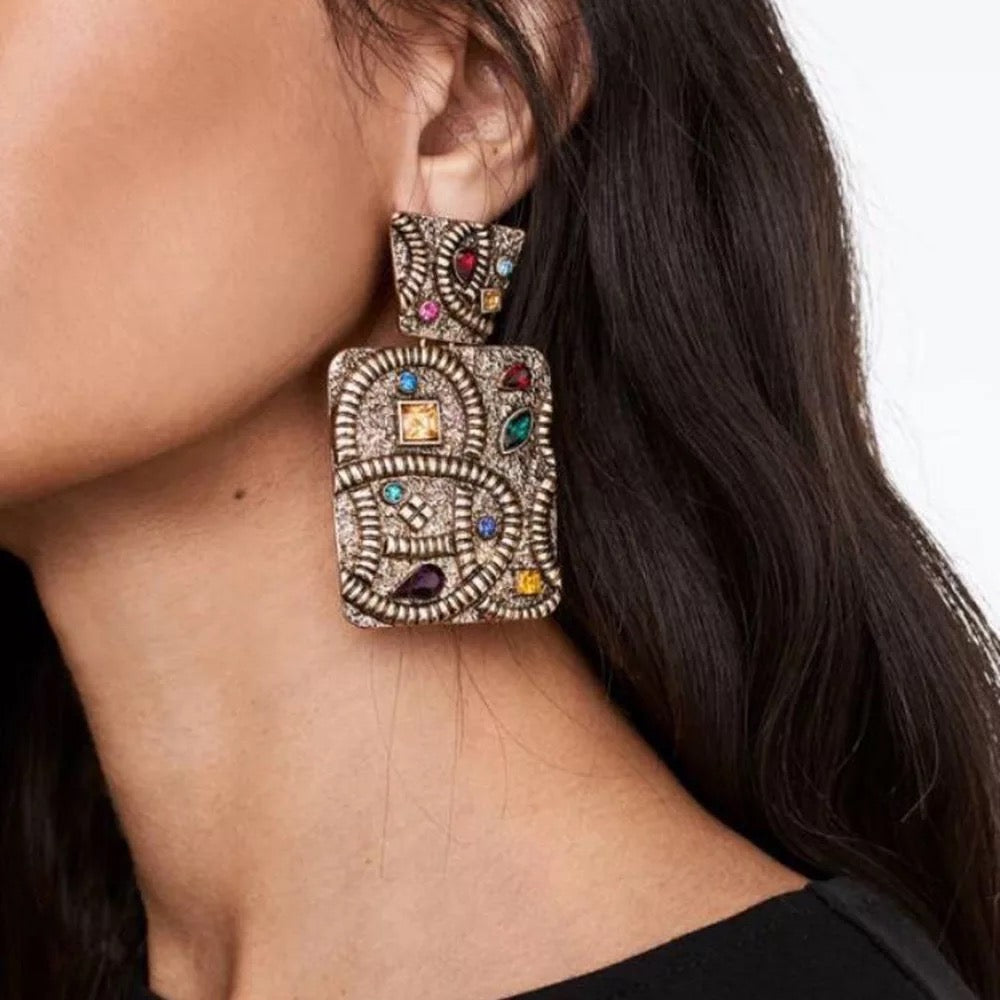 Elegant Rectangle Ethnic Tribal Boho Rhinestone Statement Dangle Stud Earrings