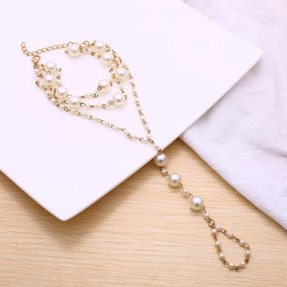 2 Pieces Multi Layered Bridal Faux Pearl Barefoot Sandals Toe Anklet Bracelets