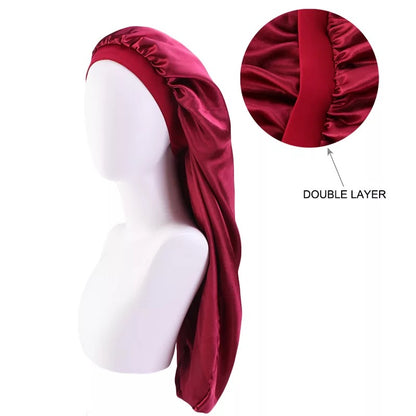 Luxury Satin Silk Long Double Layered Bonnet Caps For Braids And Long Hair
