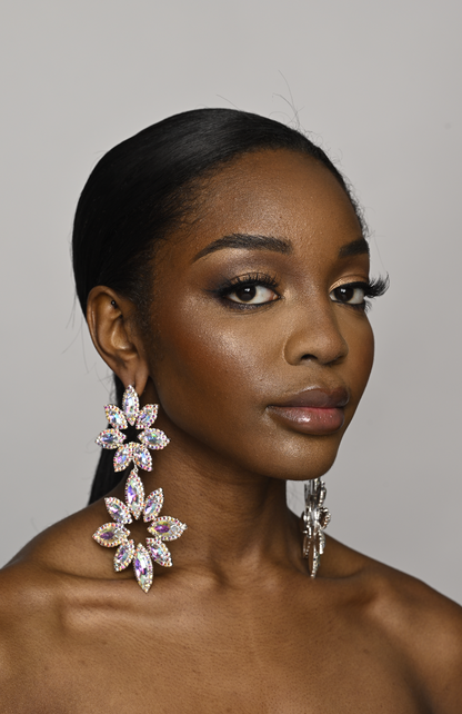 Long Glamorous Diamante Rhinestone Flower Stud Earrings