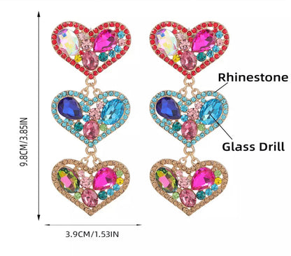 Long Luxury Rhinestones Crystal Heart Shaped Dangle Statement Earrings