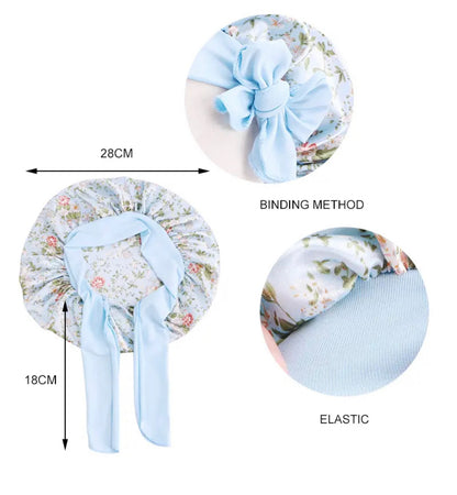 Kids Single Layered Bow Tied Design Printed Satin Silk Bonnet Caps
