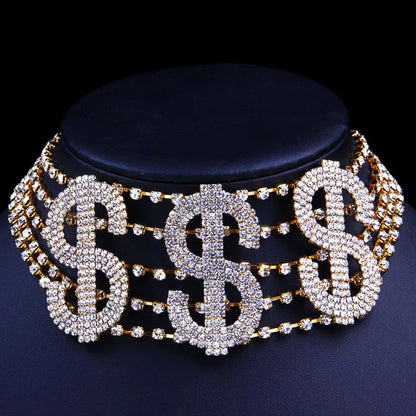 Dollar Sign Rhinestones Crystal Statement Choker Necklace