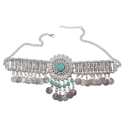 Bohemian Tribal Ethnic Rhinestone Tassels Coins Statement Choker Necklace