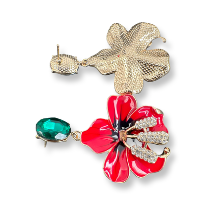 Gorgeous Red Flower Design Metal Rhinestone Statement Dangle Earrings