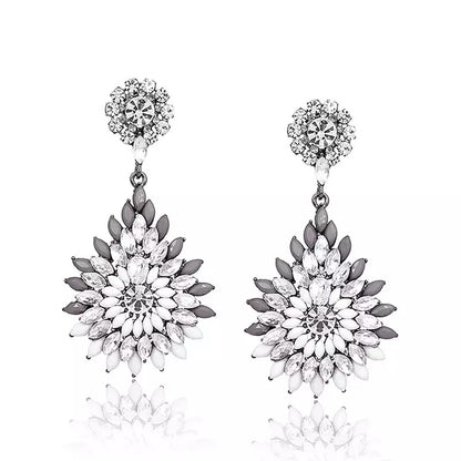 Elegant Diamante Rhinestone Sparkle Long Flower Teardrop Statement Earrings