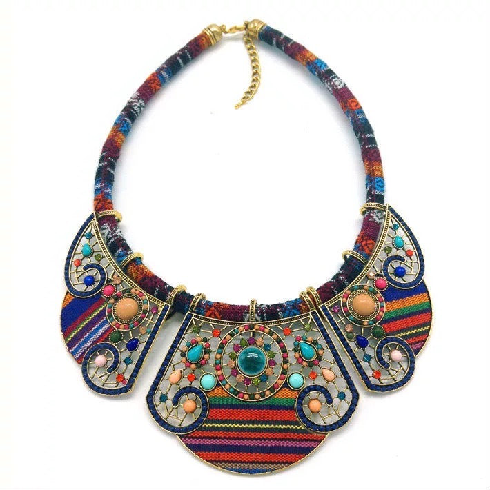 Bohemian Colourful Ethnic Beaded Crystals Statement Pendant Necklace