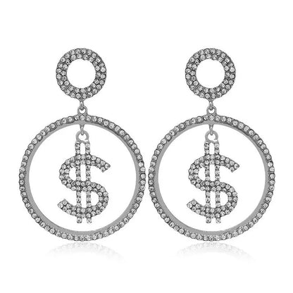 Dollar Sign Statement Diamante Rhinestone Dangle Earrings