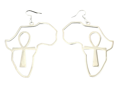 Large Africa Map Shaped Ankh Key Dangle Statement Earrings