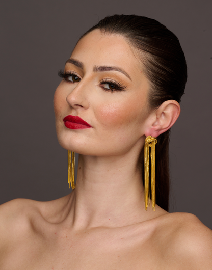 Elegant Long Gold Plated Stainless Steel Knot Tassels Statement Earrings