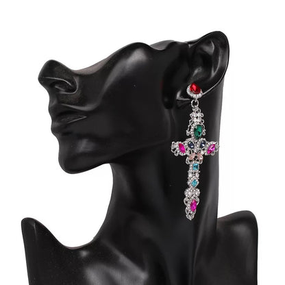 Multicolour Crystal Sparkling Rhinestone Diamante Cross Statement Earrings