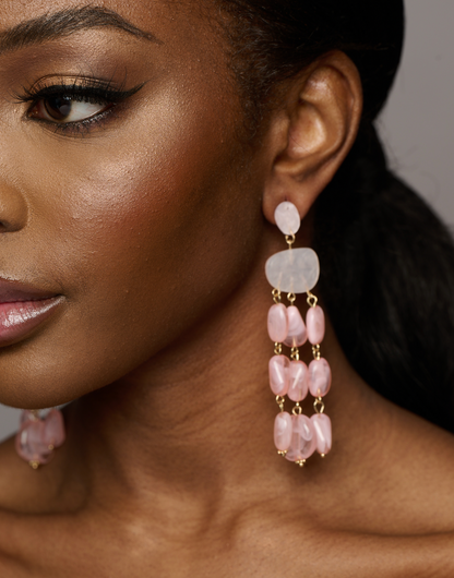 Long Pink Beaded Ethnic Statement Tassels Dangle Earrings