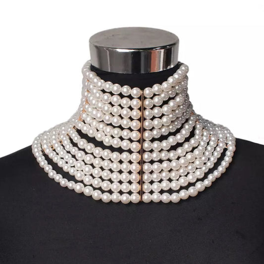 Large Statement Beaded Faux Pearl Collar Choker Necklaces