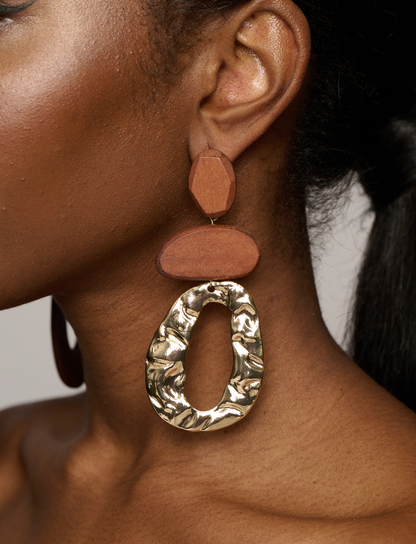Long Wooden Asymmetric Designed Ethnic Dangle Stud Earrings