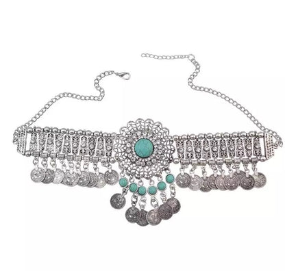 Bohemian Tribal Ethnic Rhinestone Tassels Coins Statement Choker Necklace