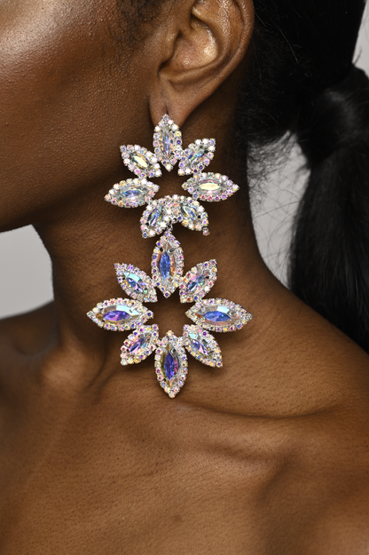 Long Glamorous Diamante Rhinestone Flower Stud Earrings
