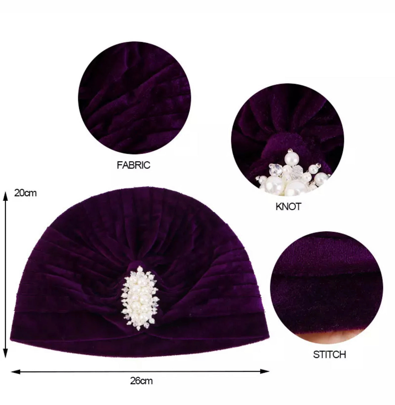 Elegant Pre Tied Centred Beads Lightweight Velvet Fabric Ready to Wear Caps