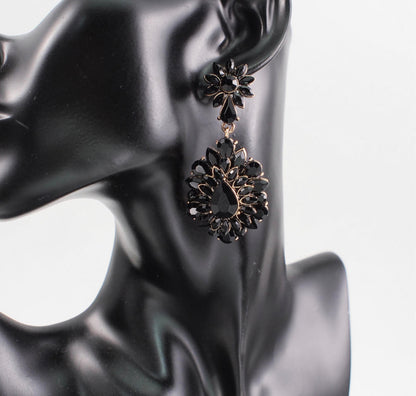 Elegant Diamante Rhinestone Sparkle Long Flower Drop Statement Earrings