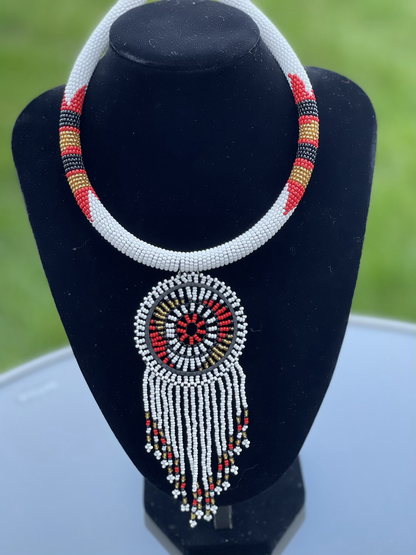 African Zulu Inspired Beaded Tassel Pendant Necklace