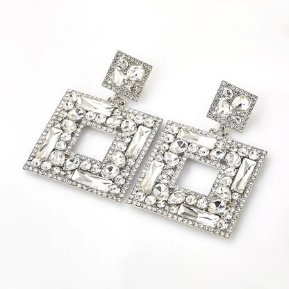 Large Elegant Square Rhinestone Statement Dangle Stud Earrings