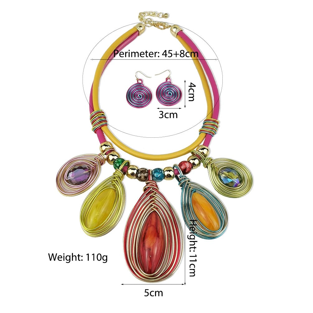 Bohemian Colourful Crystal Beads Twisted Wire Ethnic Statement Pendant Set