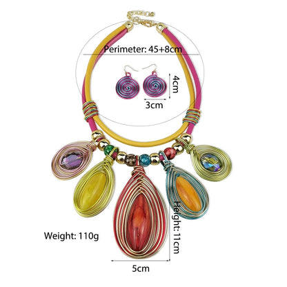 Bohemian Colourful Crystal Beads Twisted Wire Ethnic Statement Pendant Set