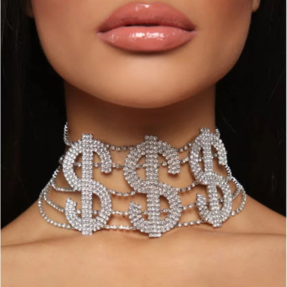 Dollar Sign Rhinestones Crystal Statement Choker Necklace