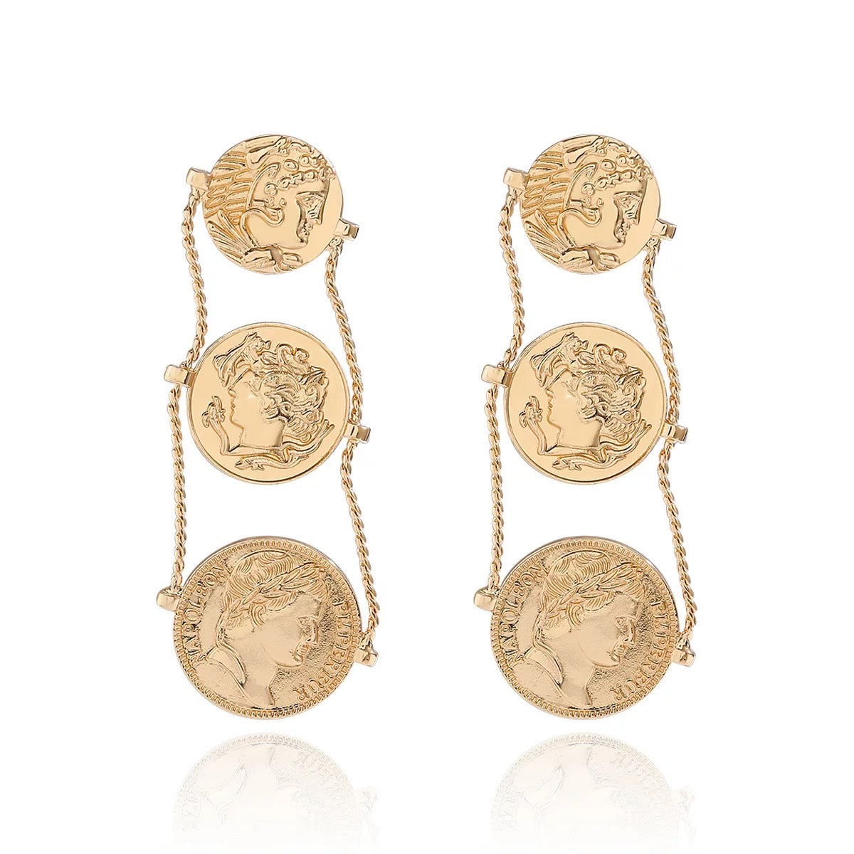 Long Elegant Gold Plated Coins Stud Dangle Earrings
