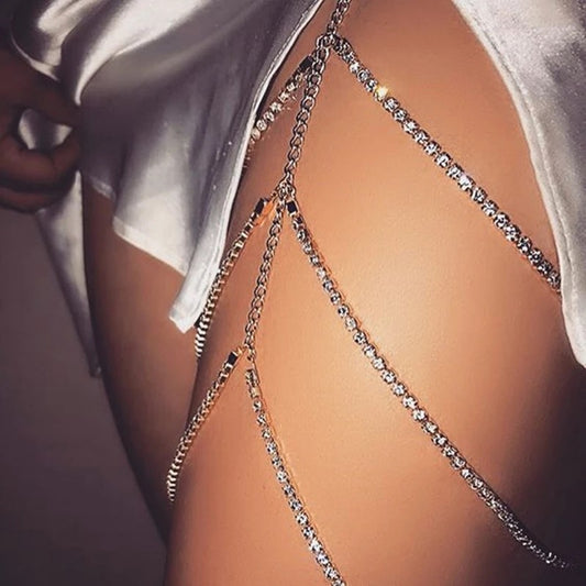 Long Multi Layered Sparkling Crystal Rhinestone Leg Thigh Boho Body Chain