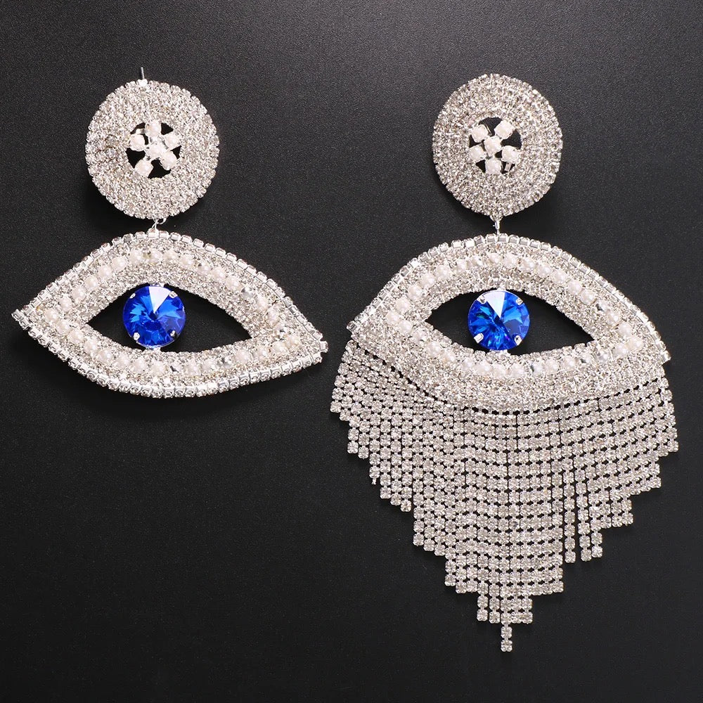 Gorgeous Asymmetrical Evil Eye Rhinestone Tassel Statement Stud Earrings
