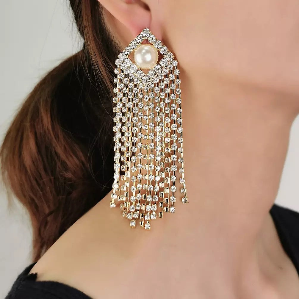 Glamorous Statement Diamante Rhinestone Faux Pearl Tassel Stud Earrings