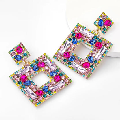 Large Elegant Square Rhinestone Statement Dangle Stud Earrings