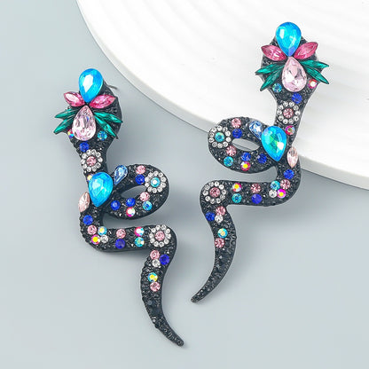 Long Glamorous Diamante Rhinestone Snake Statement Stud Earrings