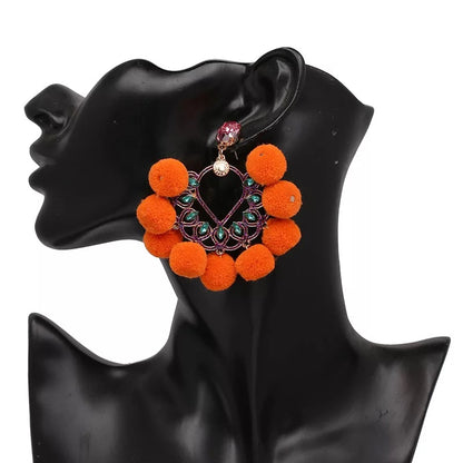 Bohemian Fan Shaped Pom Pom Balls Colourful Rhinestones Retro Earrings