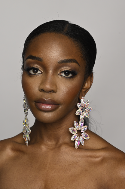 Long Glamorous Diamante Rhinestone Flower Stud Earrings