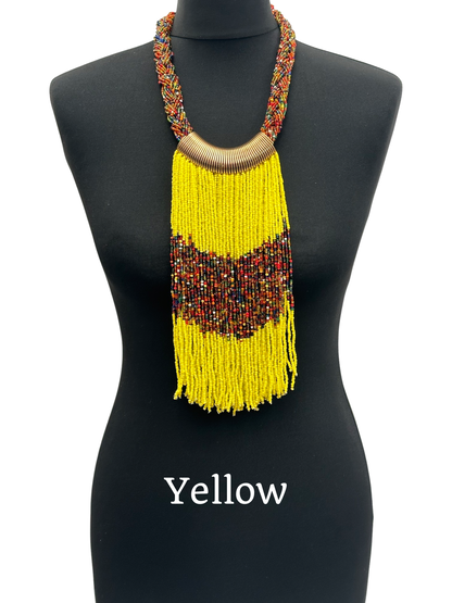 Authentic African Beaded Tribal Ethnic Fringe Tassel Brass Pendant Necklace