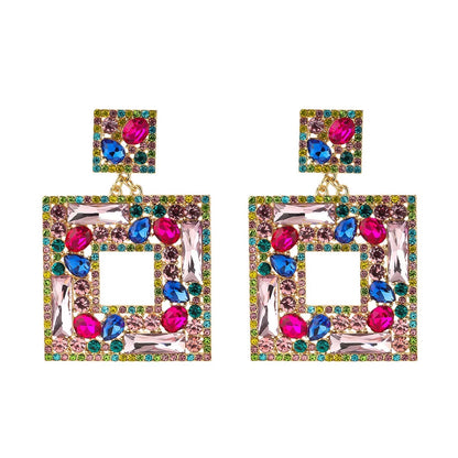 Large Elegant Square Rhinestone Statement Dangle Stud Earrings