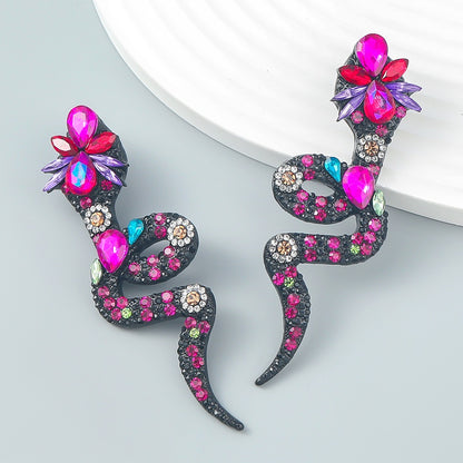 Long Glamorous Diamante Rhinestone Snake Statement Stud Earrings