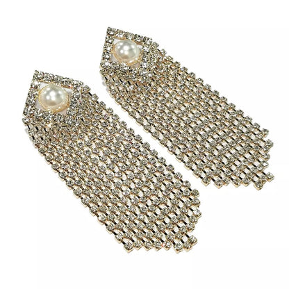 Glamorous Statement Diamante Rhinestone Faux Pearl Tassel Stud Earrings