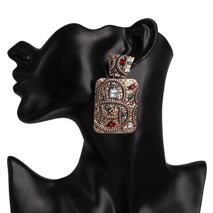 Elegant Rectangle Ethnic Tribal Boho Rhinestone Statement Dangle Stud Earrings