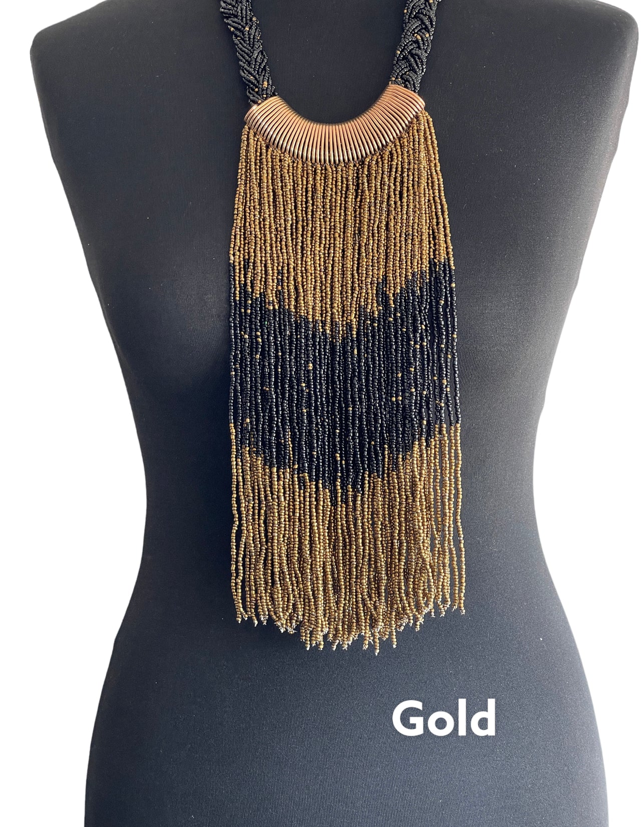 Authentic African Beaded Tribal Ethnic Fringe Tassel Brass Pendant Necklace