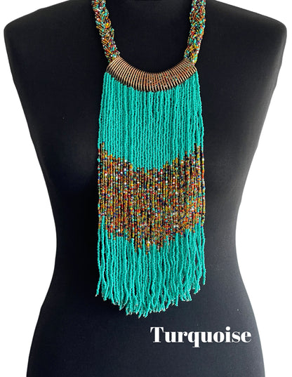 Authentic African Beaded Tribal Ethnic Fringe Tassel Brass Pendant Necklace