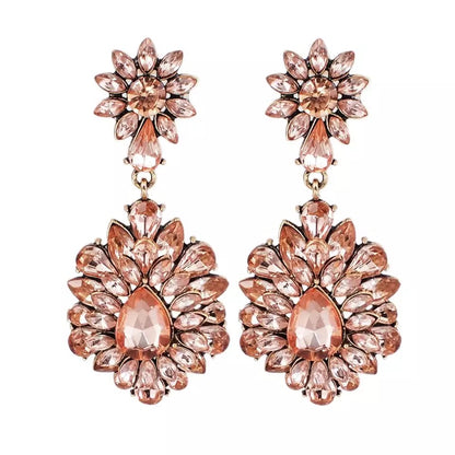 Elegant Diamante Rhinestone Sparkle Long Flower Drop Statement Earrings