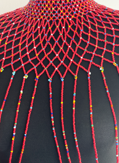 Red Authentic Maasai Zulu Ethnic Beaded Collar Shoulder Body Jewelle