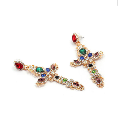 Multicolour Crystal Sparkling Rhinestone Diamante Cross Statement Earrings