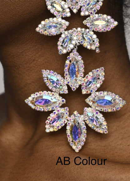 Long Glamorous Diamante Rhinestone Flower Stud Earrings