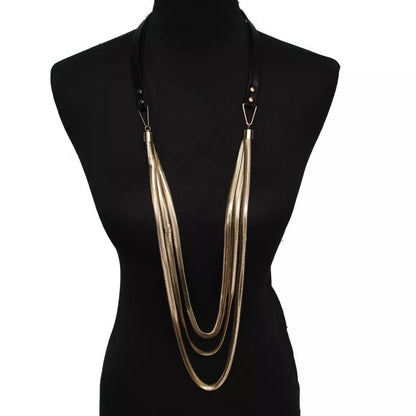 Multi Layered Leather And Snake Mental Tassels Chain Long Necklaces