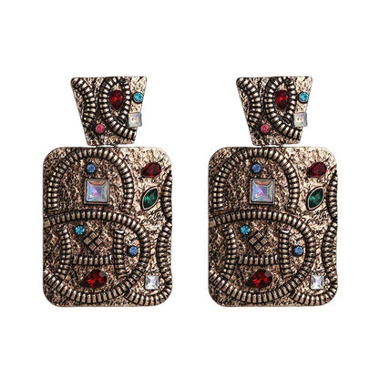 Elegant Rectangle Ethnic Tribal Boho Rhinestone Statement Dangle Stud Earrings