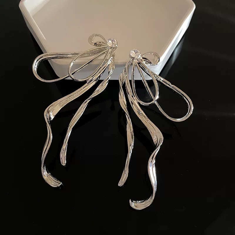 Silver Elegant Alloy Bow Rhinestone Statement Stud Earrings